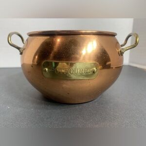 vintage copper toned potpourri pot with handles engraved plate